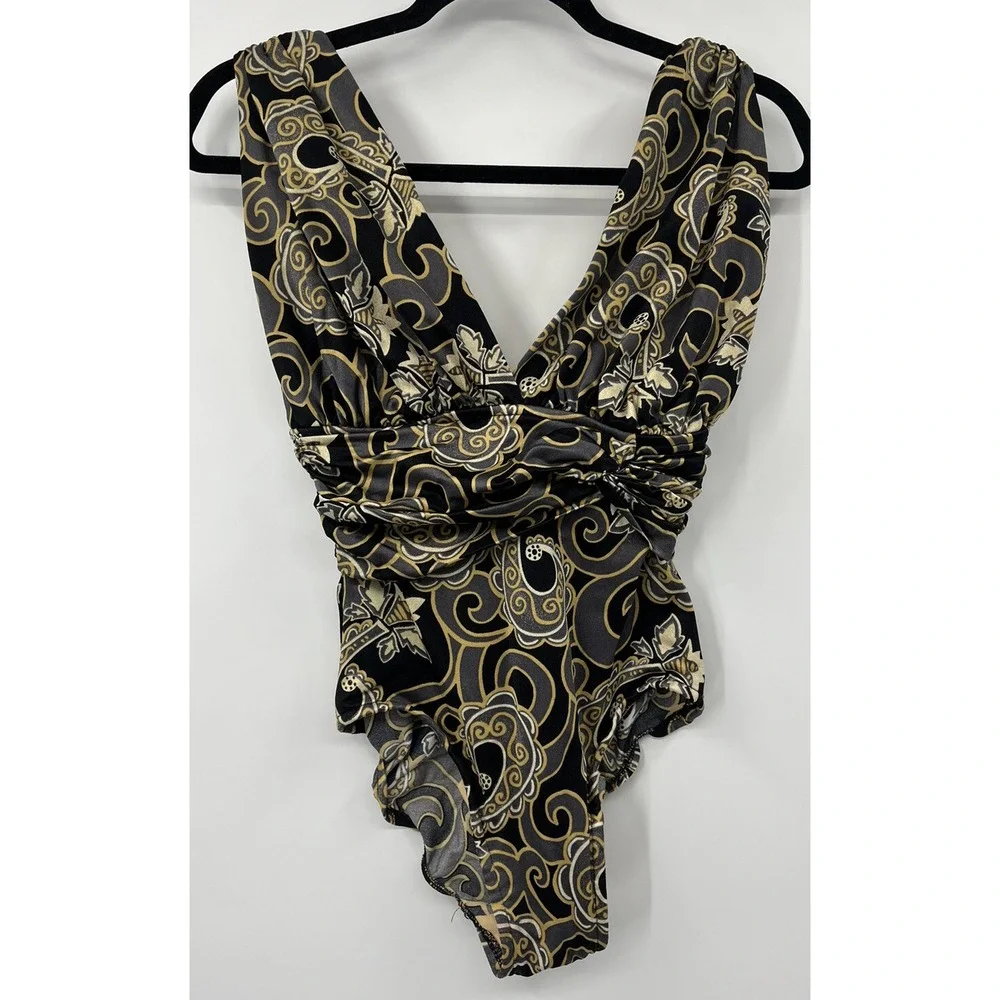 Vintage Catalina One Piece Bathing Suit Black Gold Ruched Lined Size 8 USA Made